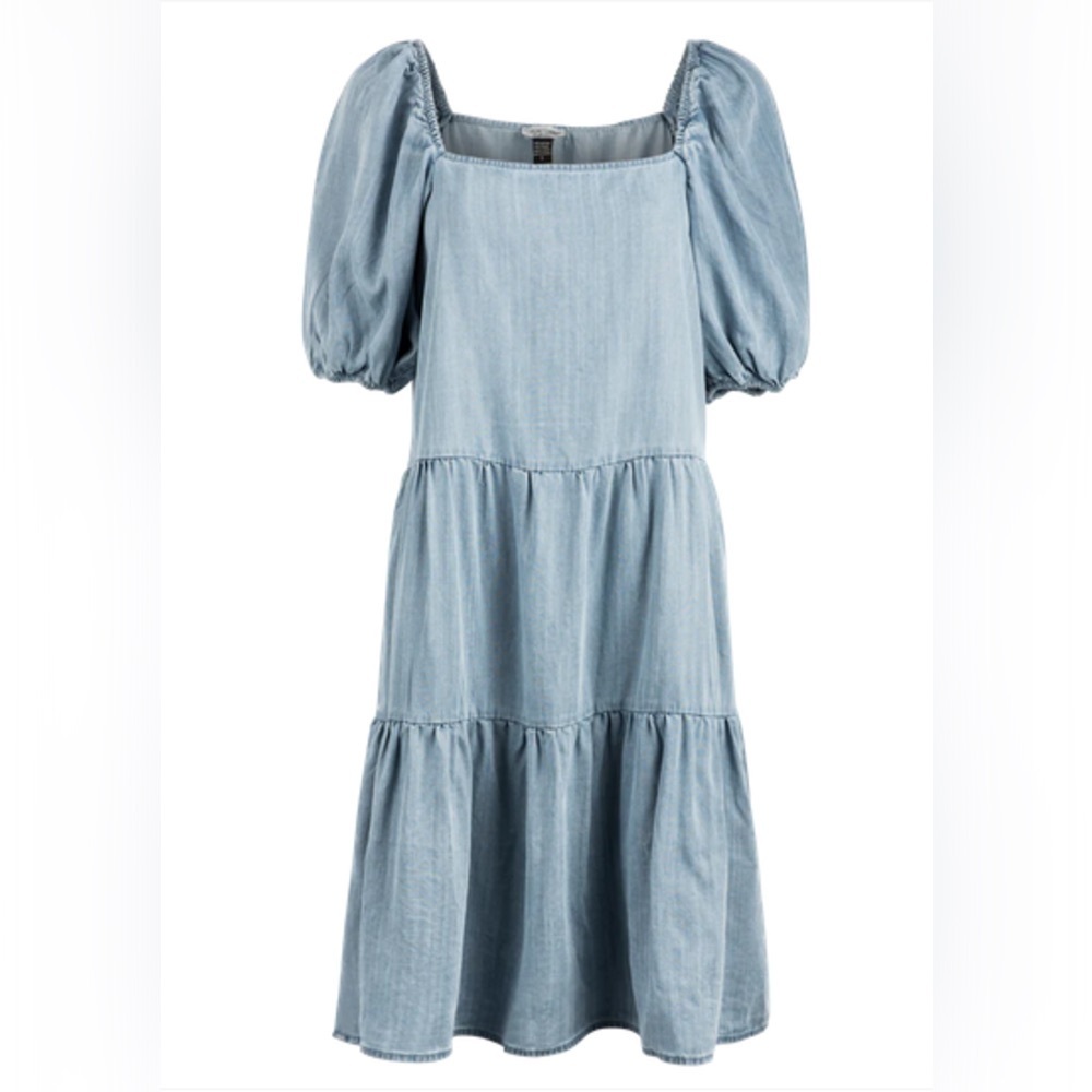Makk Light Blue Denim Square-Neck Tiered Summer Dress L - Picture 2 of 5